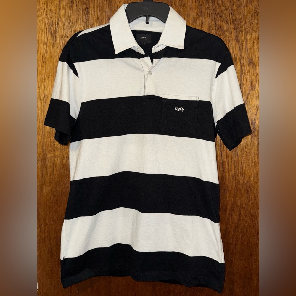 Obey Black and White Polo Shirt Size Small Striped Streetwear